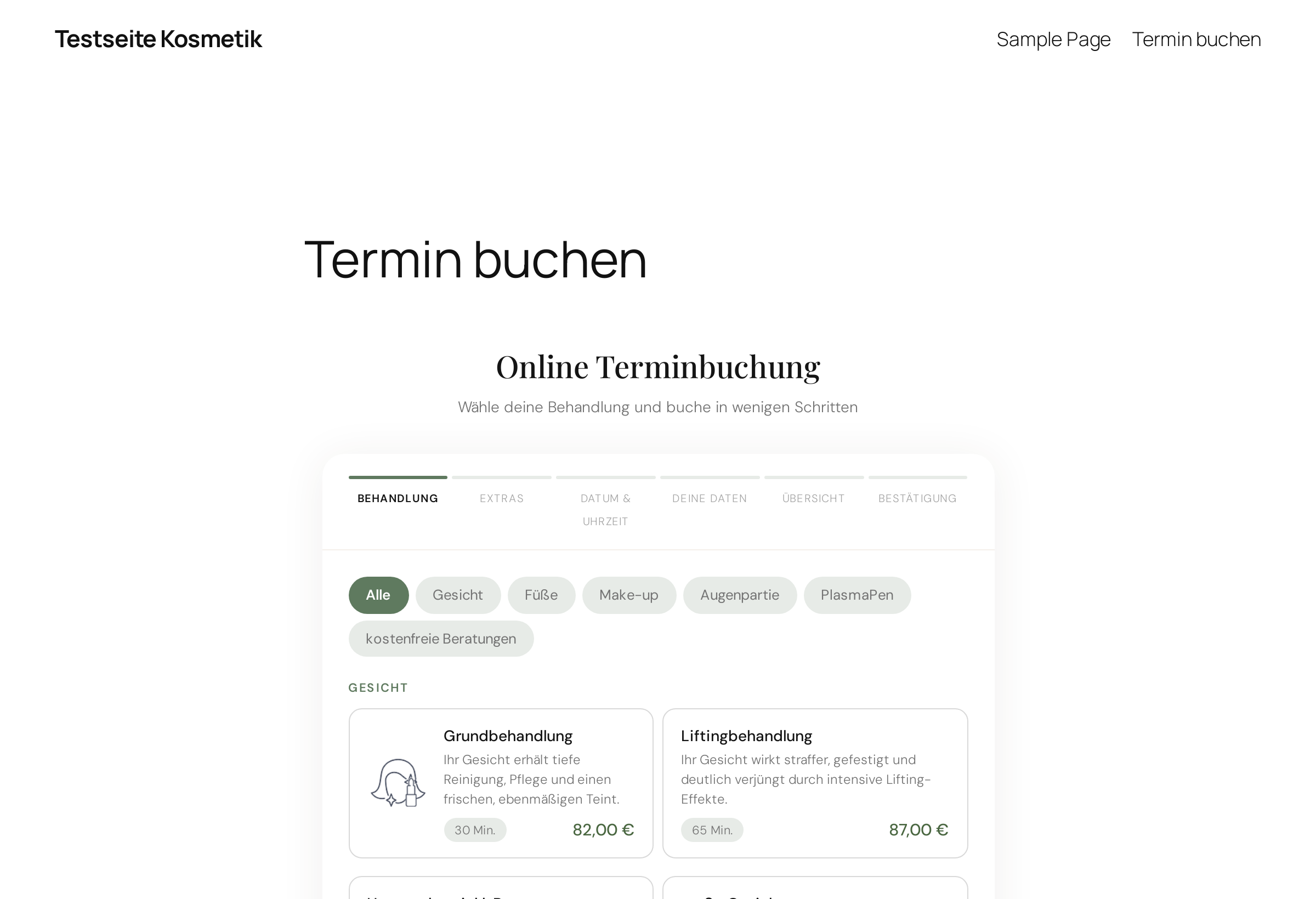 Das termeo-Buchungsformular auf einer WordPress-Seite: Behandlungsauswahl mit Kategorien, Dauer und Preis, eingebettet im Layout der Website